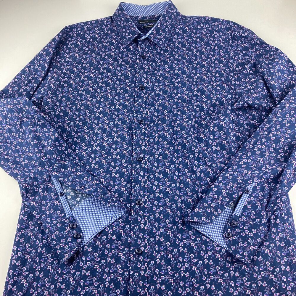 Quieti Mens XL Floral Shirt Navy Pink 100% Cotton Long Sleeve Made Korea